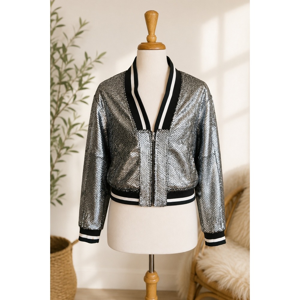 Metallic Silver Crackle Bomber Varsity Jacket Striped Trim Zip Front Women's L